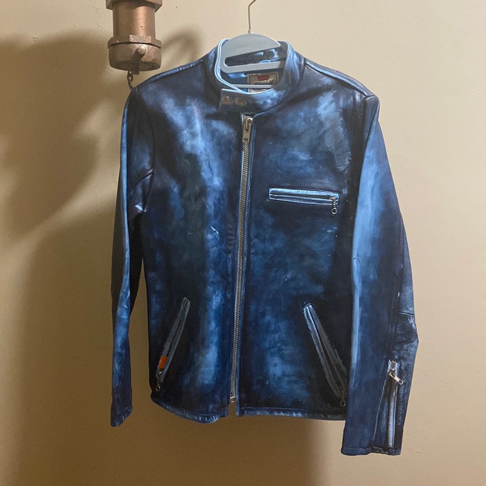 Levi’s tie die denim blue leather jacket.